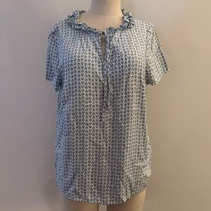 Boden Blue and White Patterned Blouse Ruffle collar Ties Lightweight silk